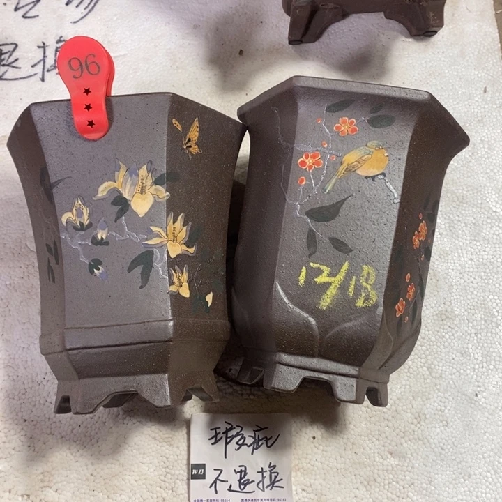 紫砂花盆 微瑕紫泥高温彩绘六方1组96号