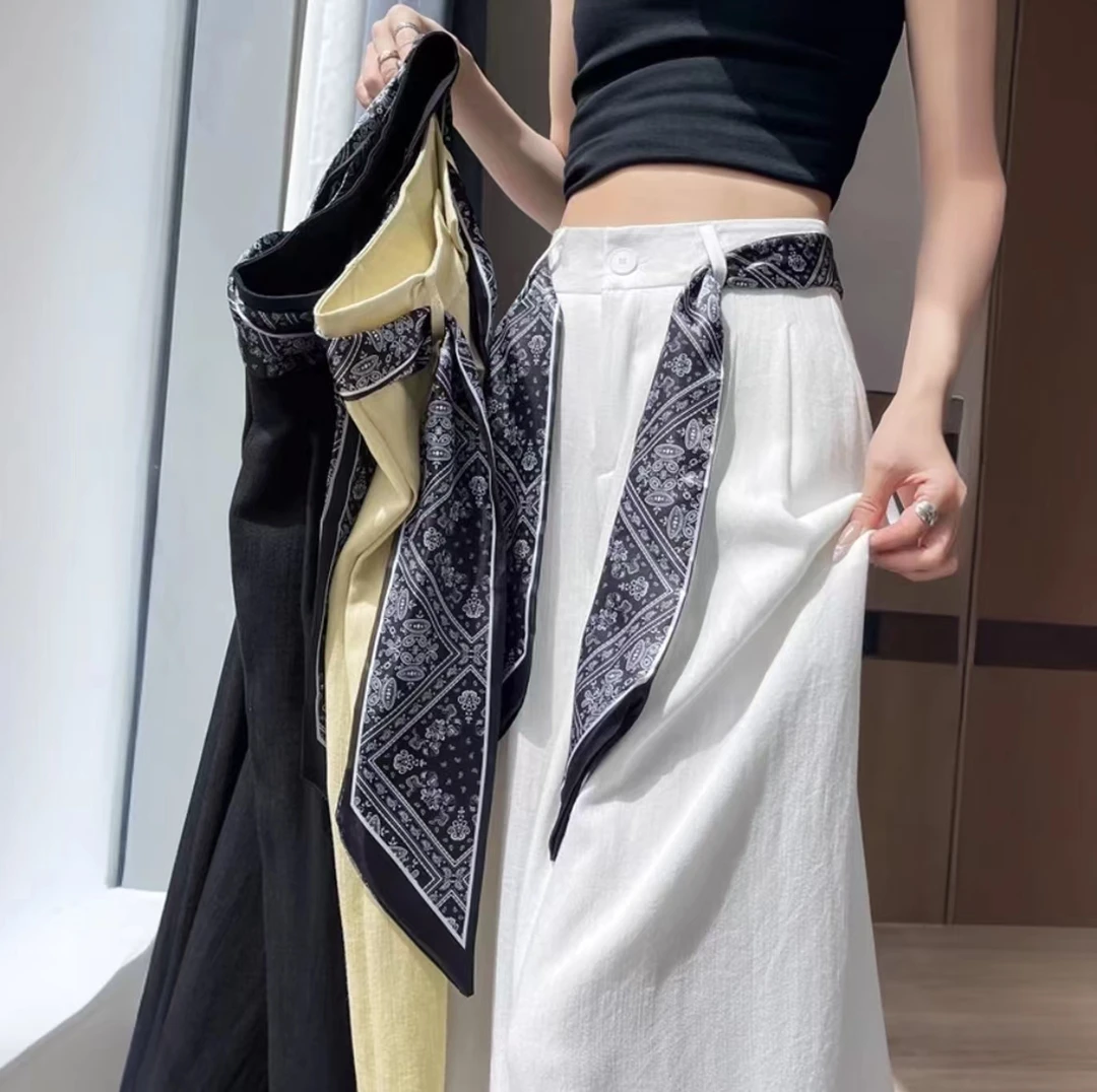 飘带水晶麻女夏季薄款2025新拖地直筒宽松显瘦百搭休闲阔腿裤W10