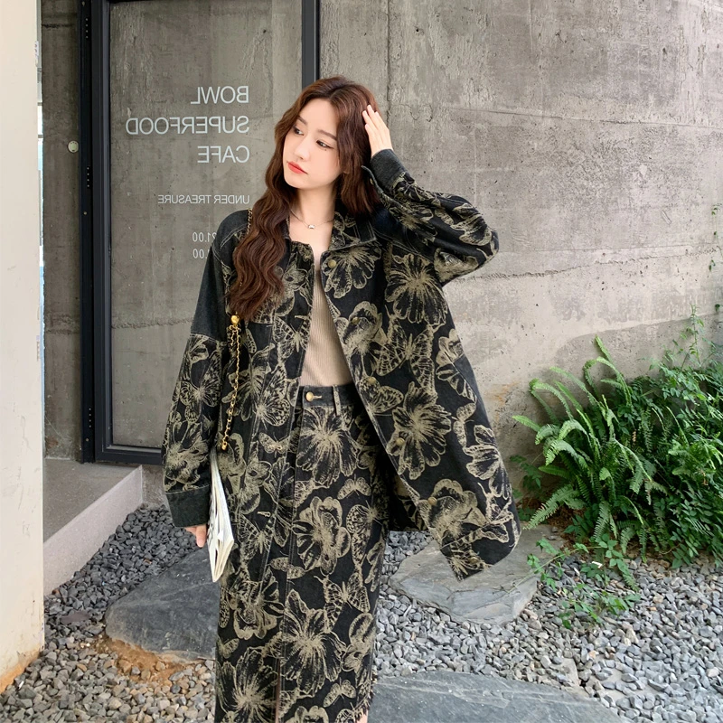 复古老钱风印花牛仔套装裙2025春秋新款复古氛围感甜酷通勤两件套