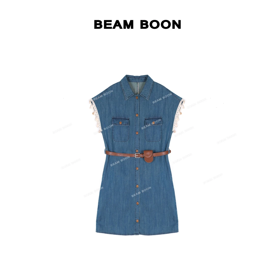 Beam Boon【叮当牛仔】法式复古蕾丝单排扣系腰直筒牛仔连衣裙