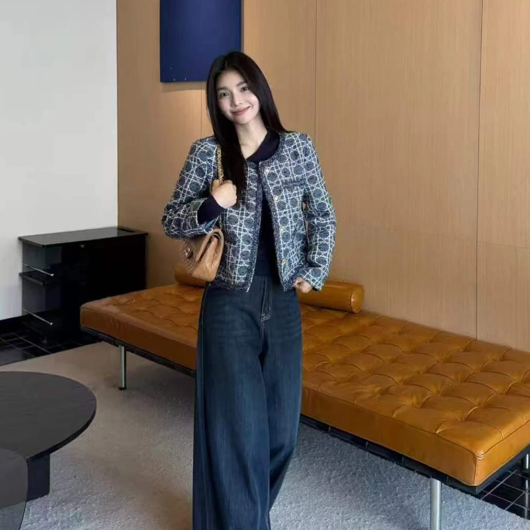 5288格纹意式透气女单排扣秋季短外套百搭复古休闲法式