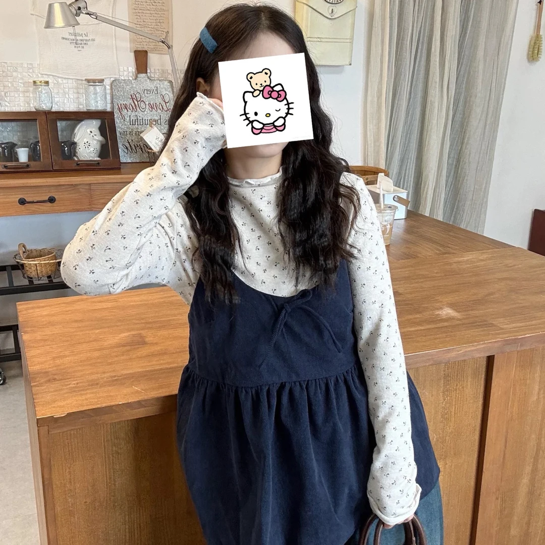 法式甜美碎花打底衫长袖T恤蝴蝶结外搭吊带背心韩版宽松减龄