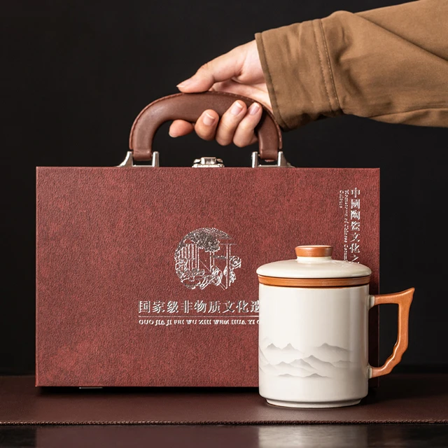 茶水分离汝窑带盖茶杯陶瓷马克杯办公饮用杯大容量个人茶杯