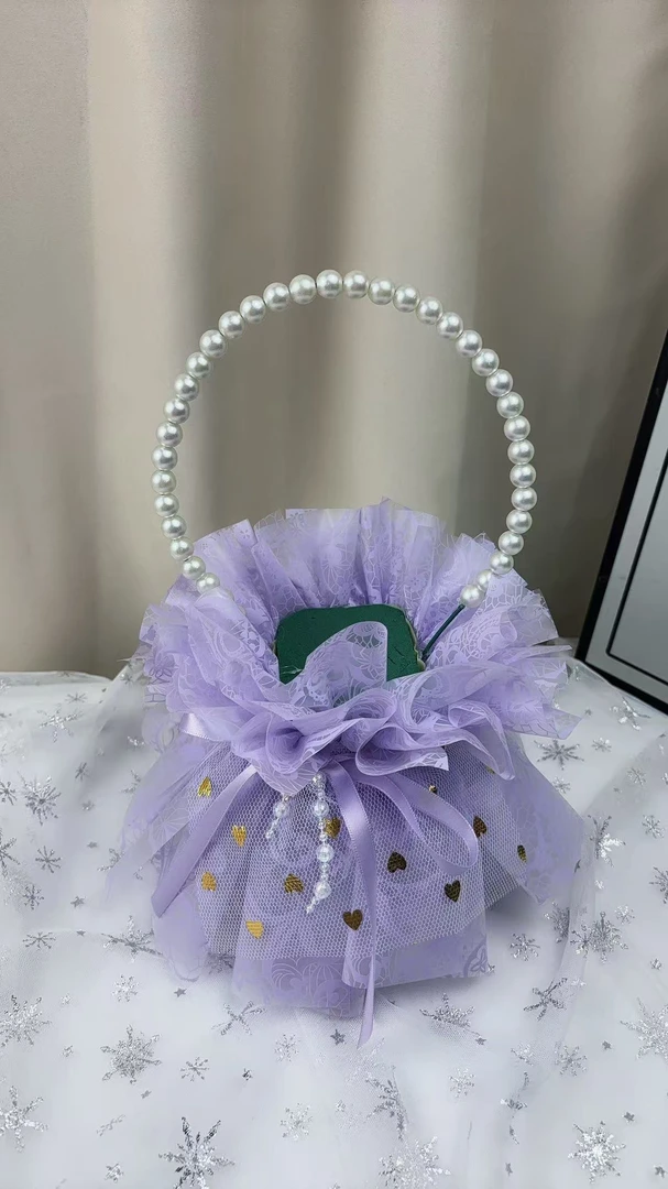 免包装手提珍珠花篮浅紫色，纯手工制作diy