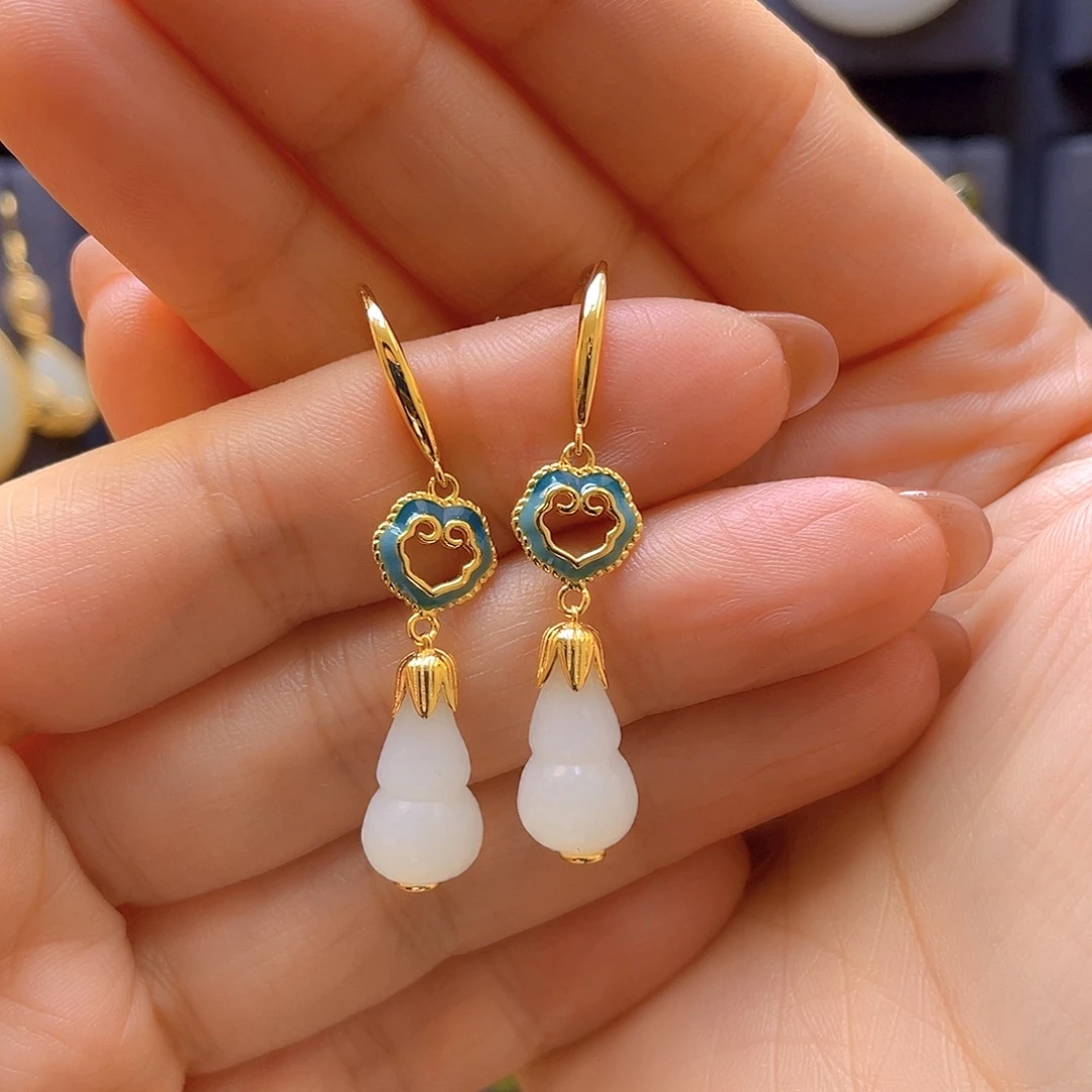 和田玉银S925镀金镶嵌耳饰