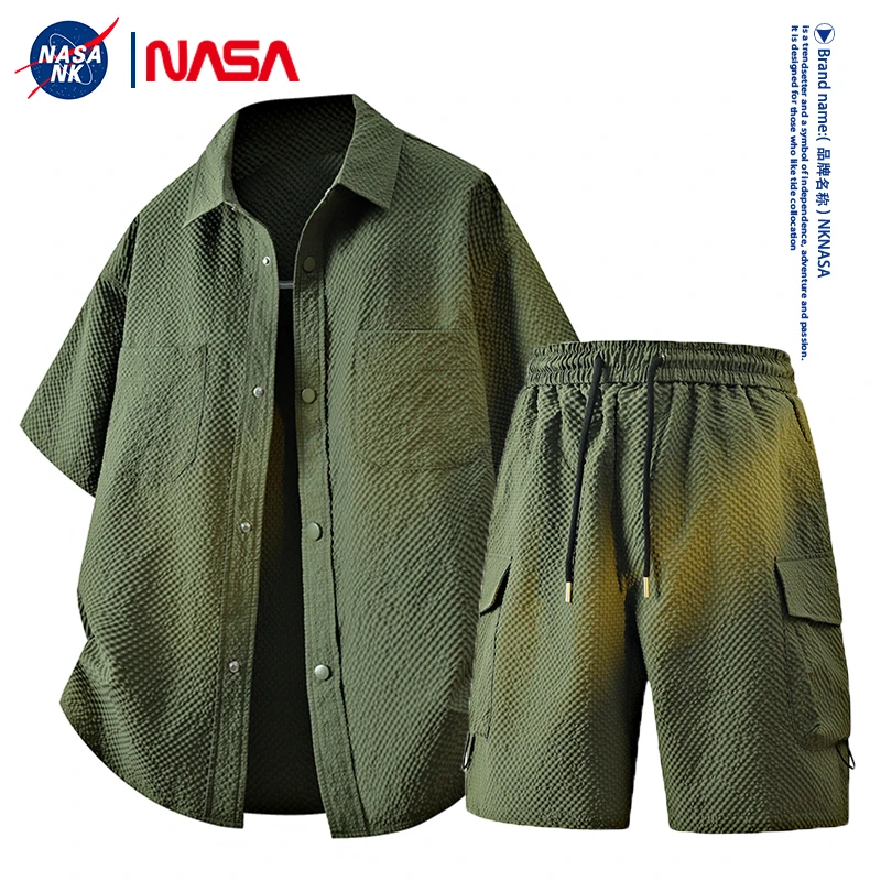 NASA联名工装风美式潮牌纯色短袖衬衫套装男女同款夏季轻薄两件套