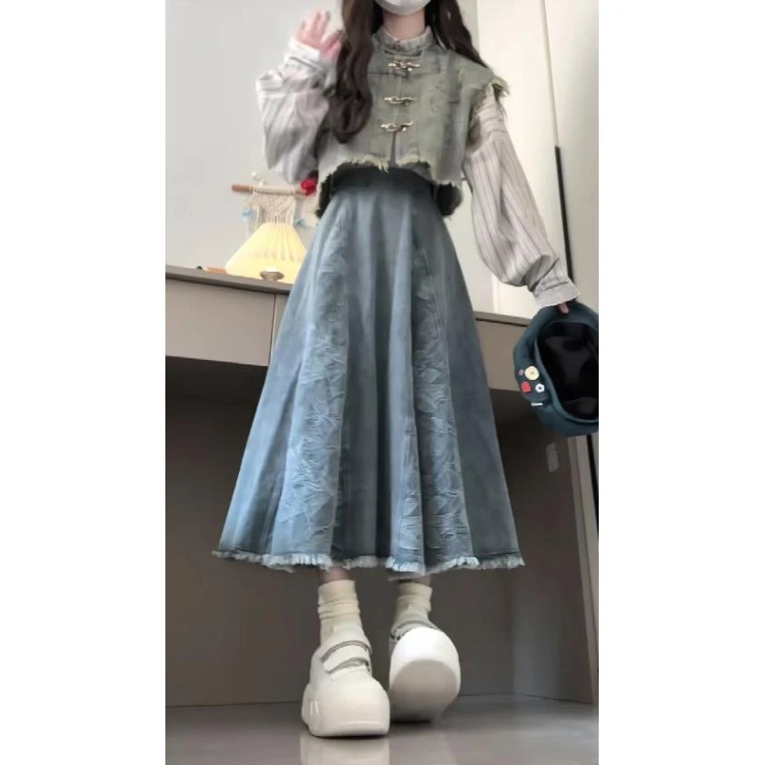 新中式复古牛仔马甲衬衫连衣裙子女2025秋冬新款设计感裙子套装