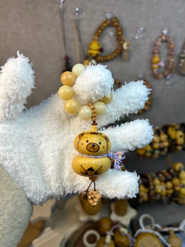 天然文玩葫芦小熊钱袋烙画手捻菩提