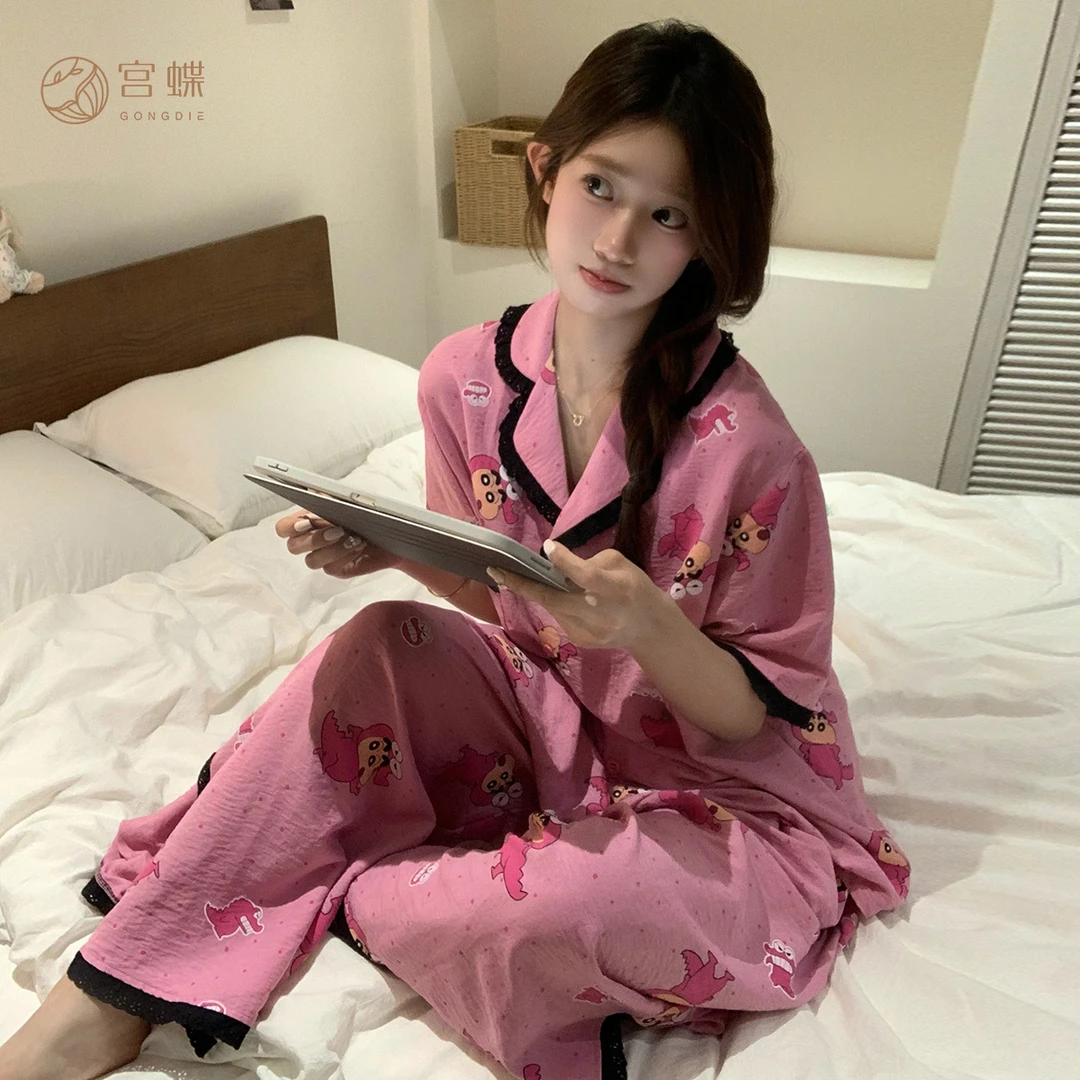 宫蝶【凉感型】蜡笔小新夏季睡衣女短袖长裤蕾丝边休闲可爱家居服
