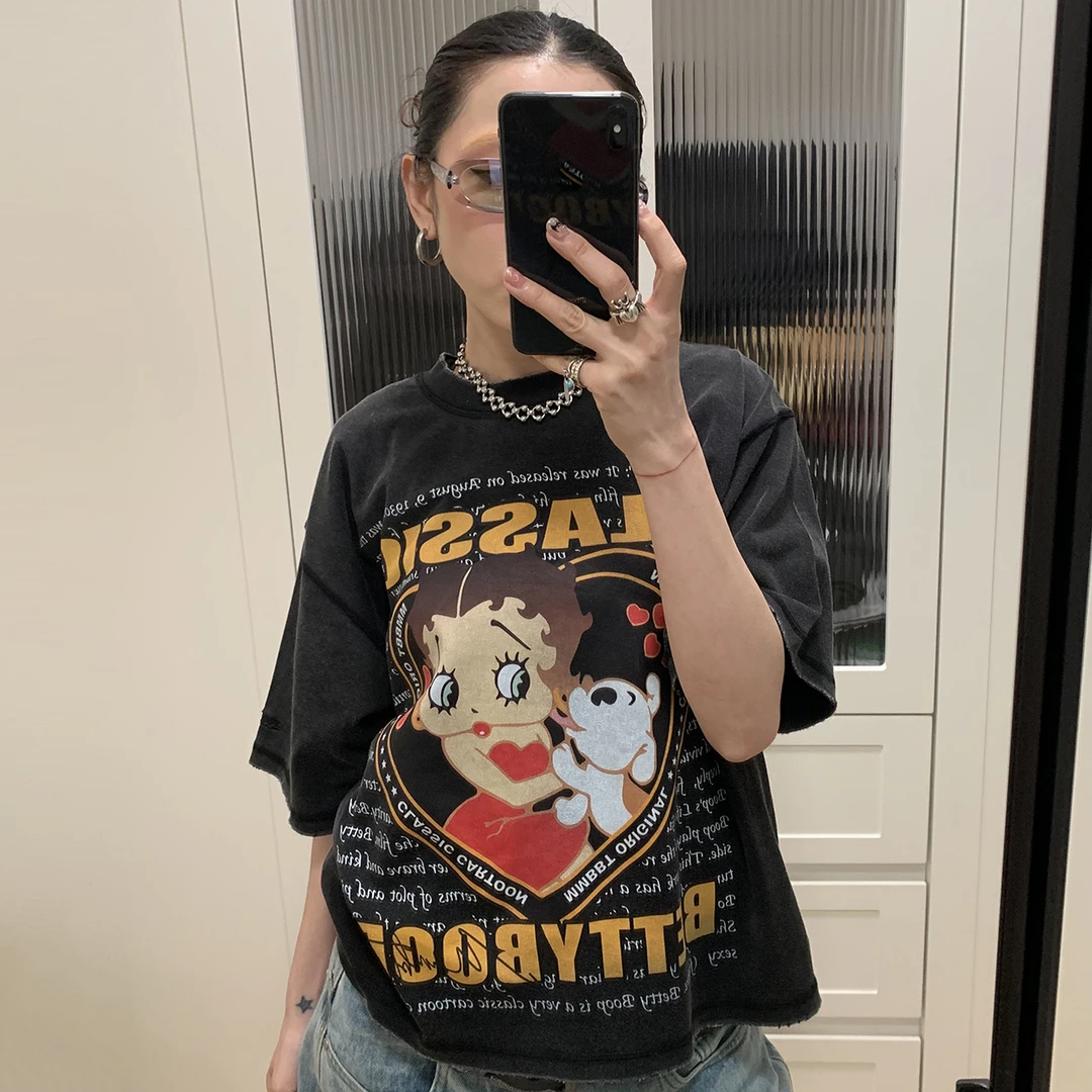 MMBBT【卡通女孩】磨破水洗做旧宽松短袖T恤