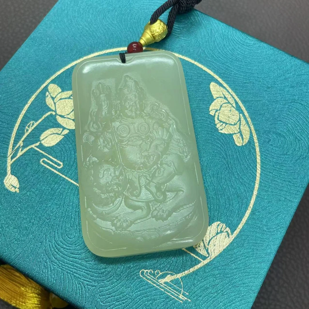 和田黄财神方牌吊坠-
