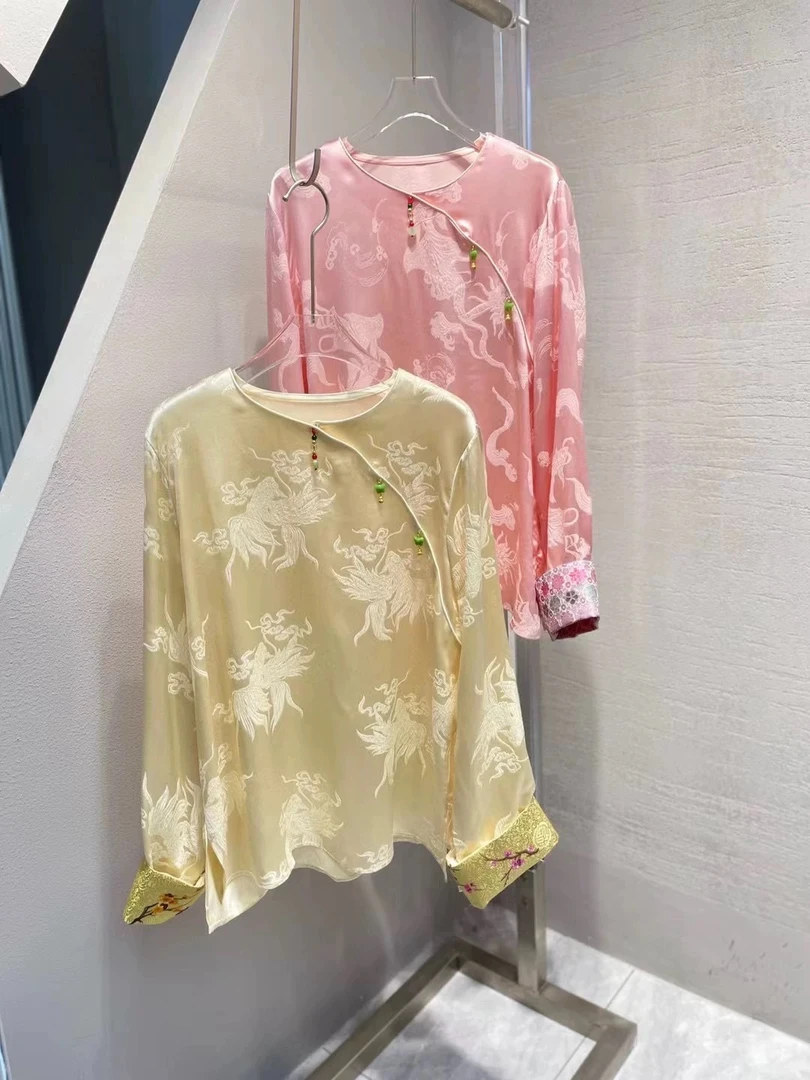 新中式国风真丝冠乐绉长袖上衣女---219