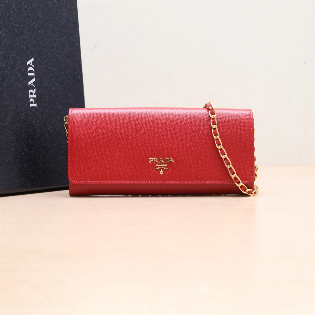 99新 Prada/普拉达 小花柳 链条包 woc 红色 皮革C 金扣
