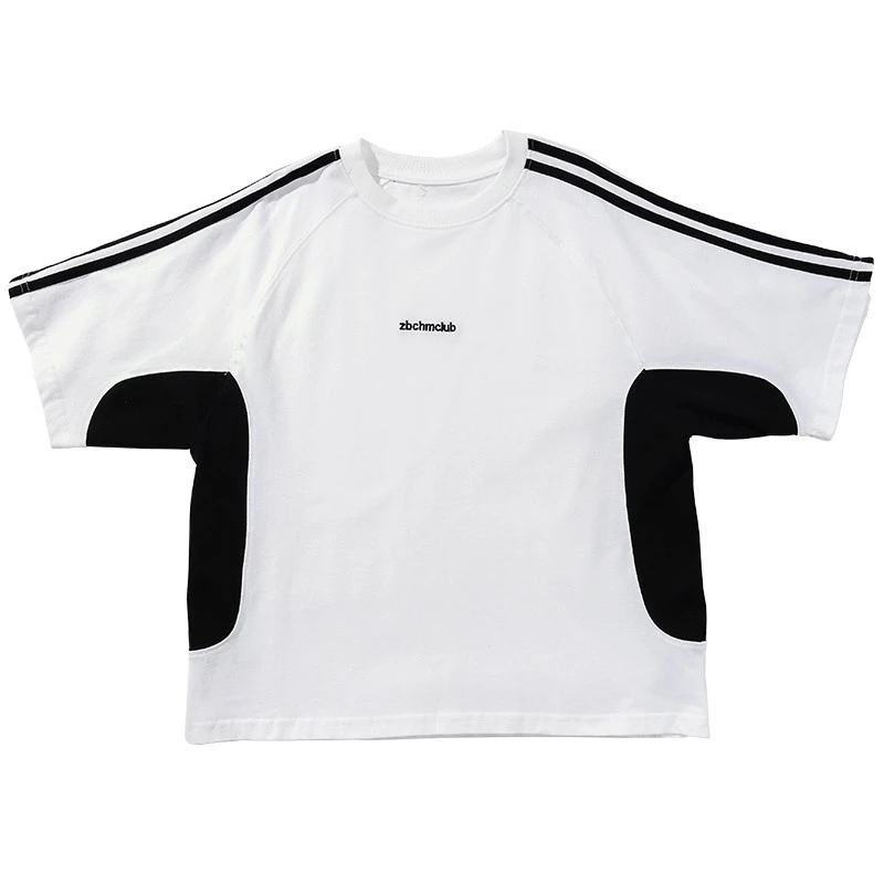 Y7678男童经典手臂侧条运动T恤夏季短袖儿童拼接半袖棉体恤潮童装