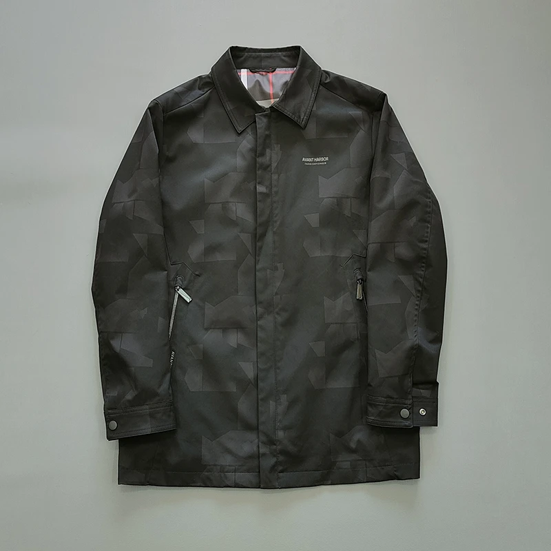 品牌剪标男士中长款夹克翻领风衣春秋防风时尚休闲提花上衣外套潮