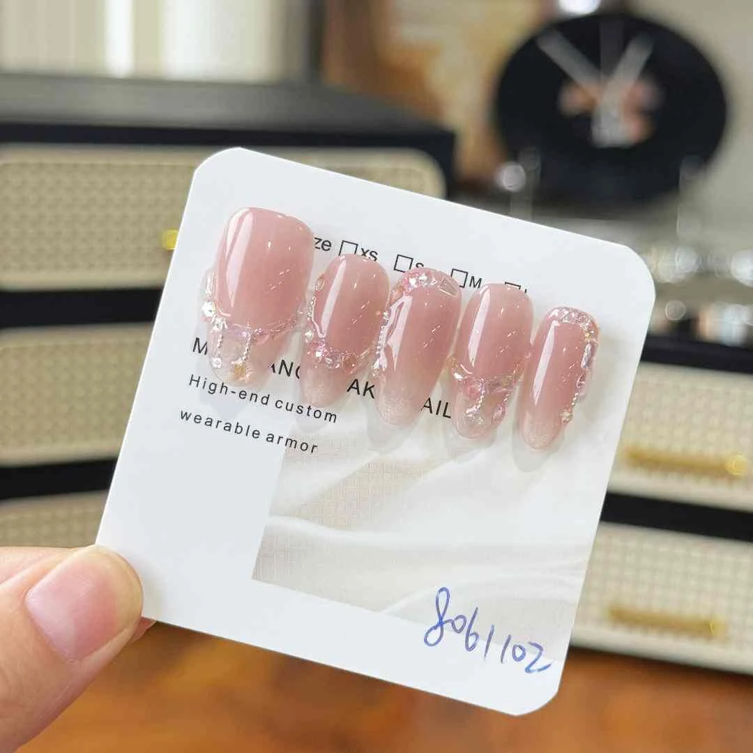 【霓裳曲】裸色渐变玻璃珠猫眼透底彩锆美甲8061102 纯手工穿戴甲