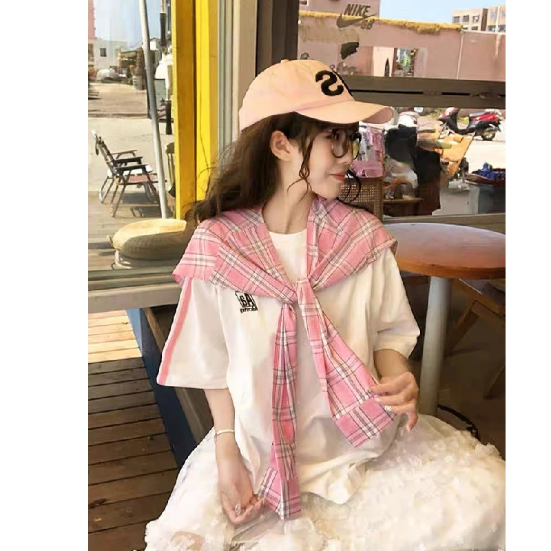 日系洋气少女披肩宽松T恤怦然心动夏日超火爆款独特绝美女上衣潮