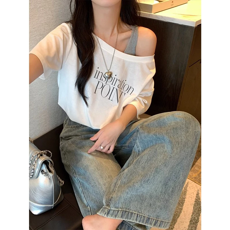 美式复古慵懒风穿搭白色斜肩短袖t恤女2025夏季百搭显瘦辣妹上衣