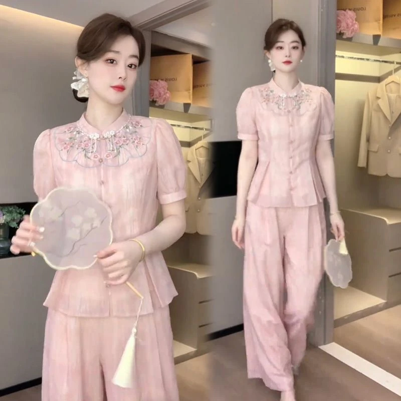 新中式上衣两件套2025新款夏季时尚气质高级感粉色阔腿裤套装女夏