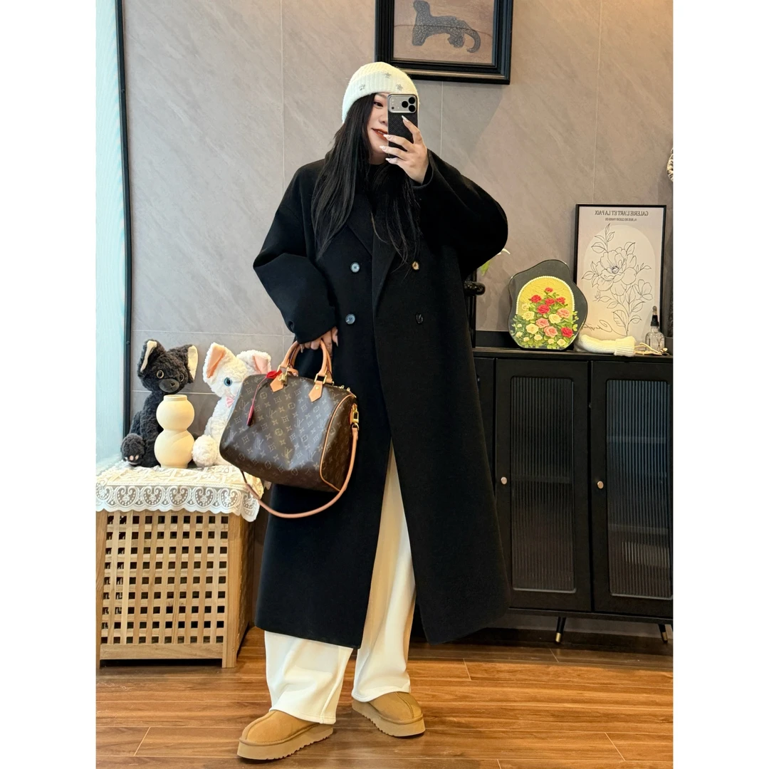 花契“荒野玫瑰”大码女装冬季宽松200斤胖mm赫本风加绒大衣7661-H