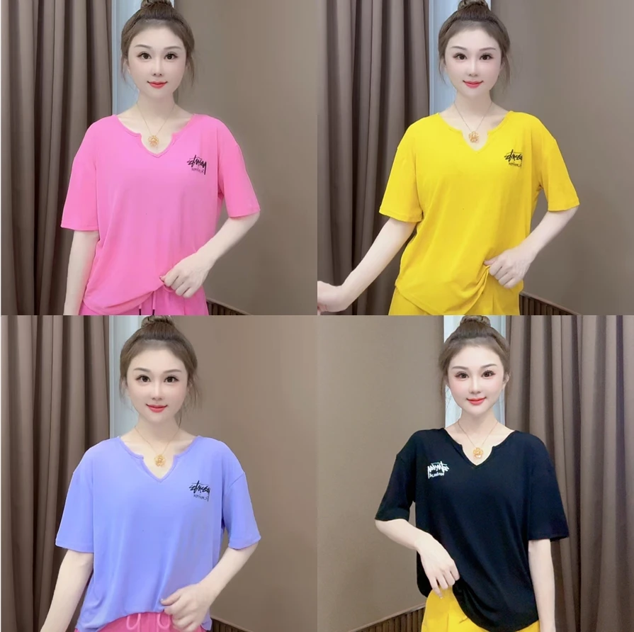 【希帆FA】短袖T 冰感竹节丝 V领印字母 A.9080#休闲宽松 吸汗透气