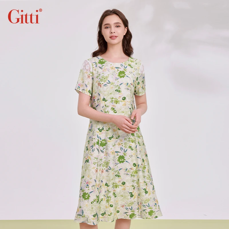 Gitti/吉蒂印花显瘦修身连衣裙女大码高腰蕾丝拼接裙子G251754