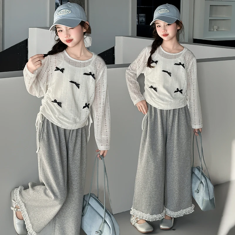 女童套装春秋款2025新款6-12岁15岁中大童洋气时尚镂空T恤休闲裤