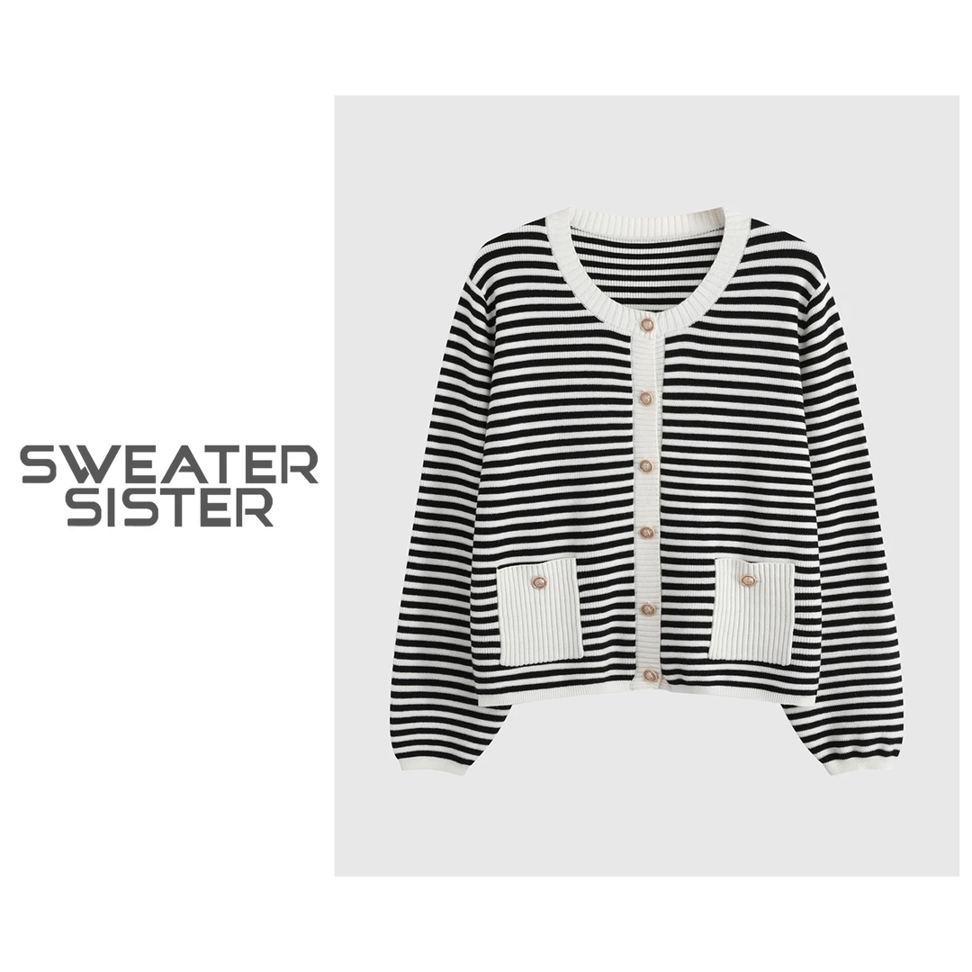 撞色条纹圆领高级感小众针织开衫上衣女6688-8866