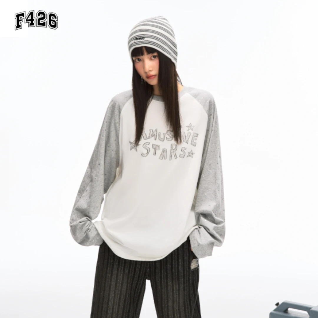 F426国潮星星烫银拼接插肩袖长袖T恤内搭打底休闲穿搭薄款7157 达