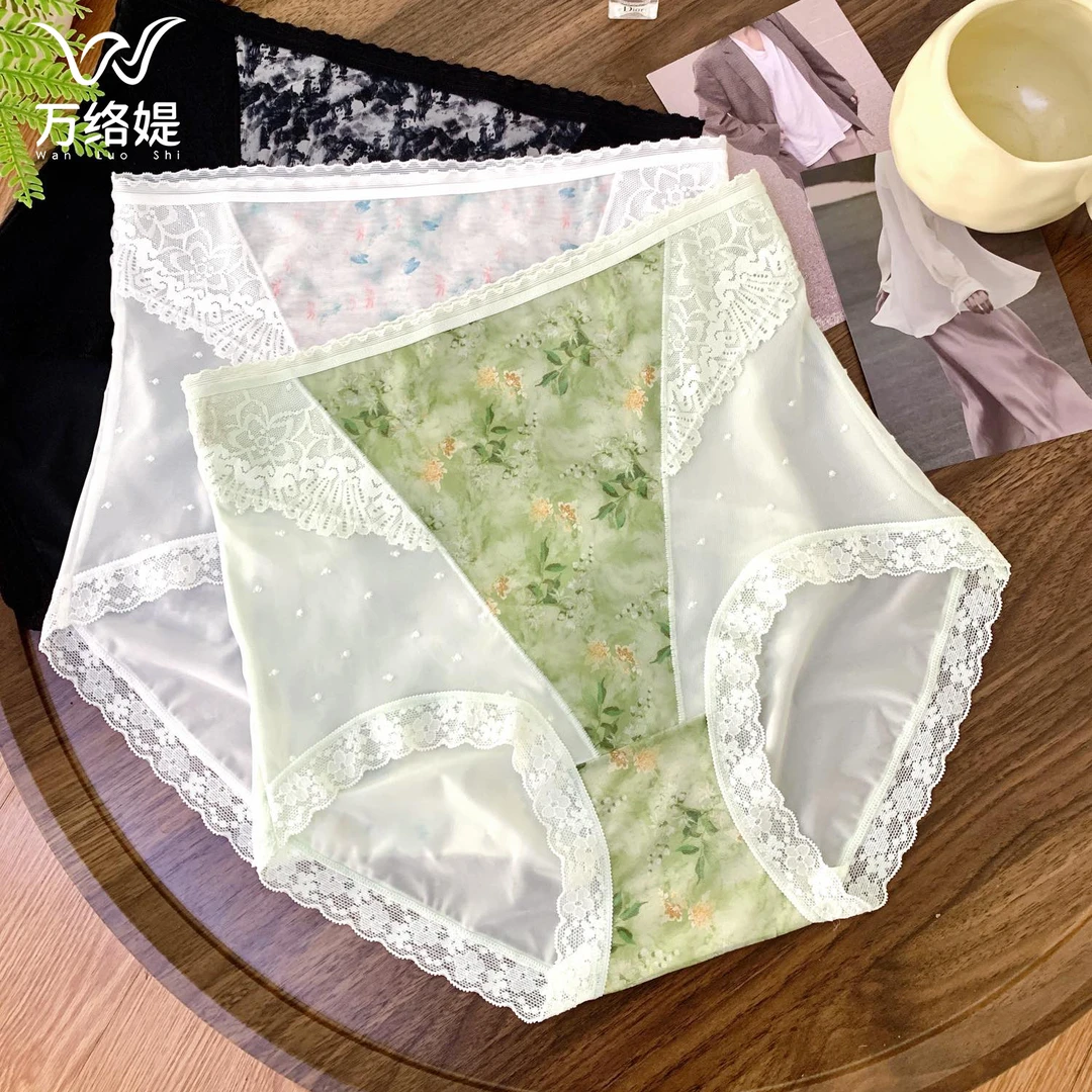 万络媞6698国风蕾丝花边高腰内裤水墨画法式浪漫钩花网纱三角底裤