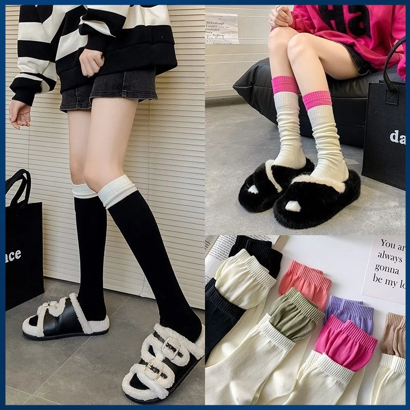 拼接小腿袜春夏季袜子女黑色拼色长袜jk过膝袜长筒袜ins堆堆袜女