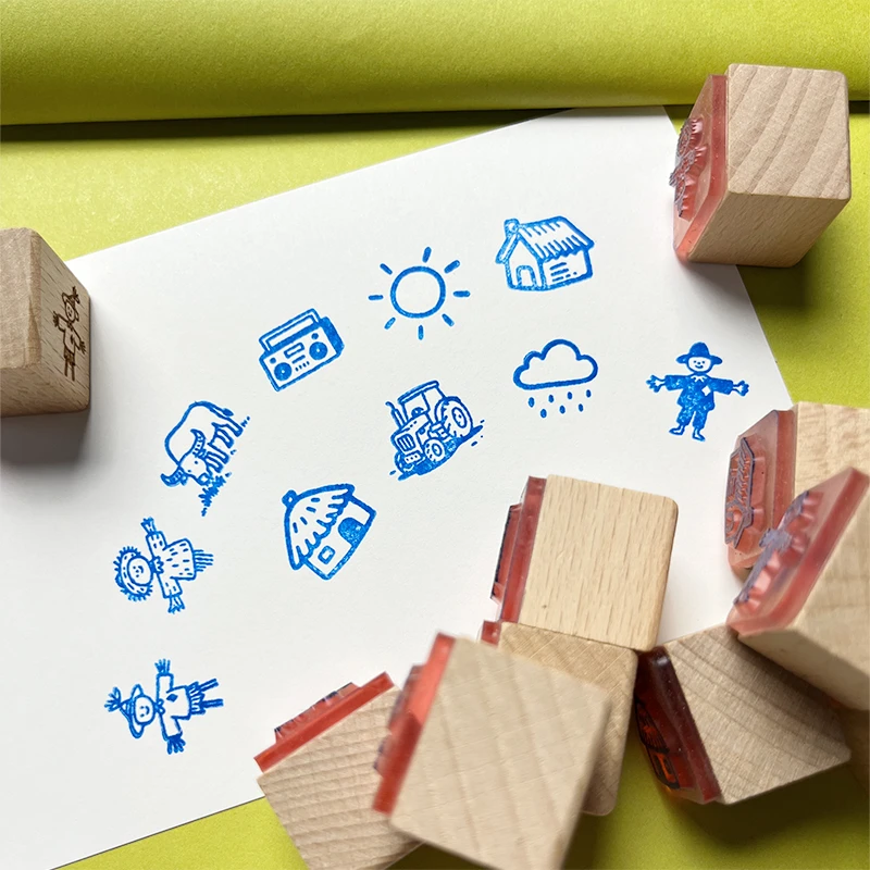 戏颜手账印章《迷望田野》稻草人茅草屋天气手帐迷你木质盖章打卡