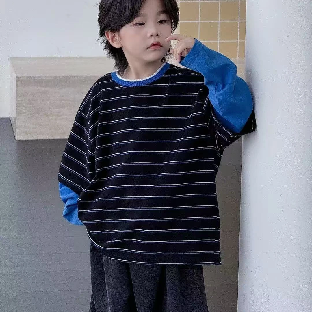 男童春季潮牌帅气条纹假两件上衣春秋新款儿童拼色酷帅长袖打底衫