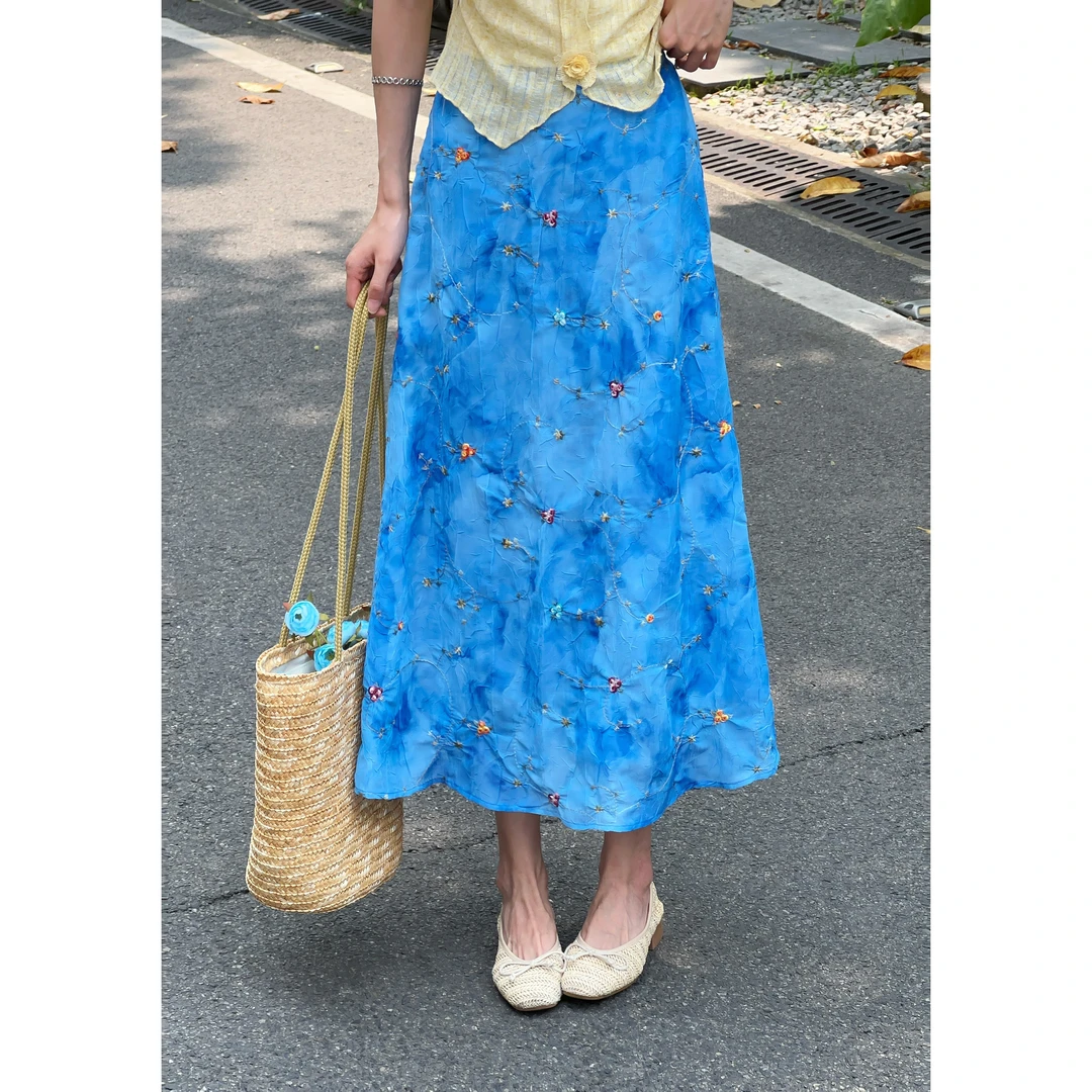 温敏er【精灵海岸】欧若风气质蓝色a字半身裙高腰中长半裙MJ1688168