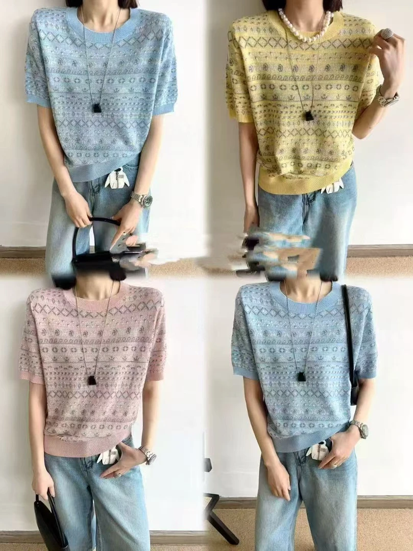 圆领休闲条纹短袖印花毛针织衫气质夏季常规慵懒风