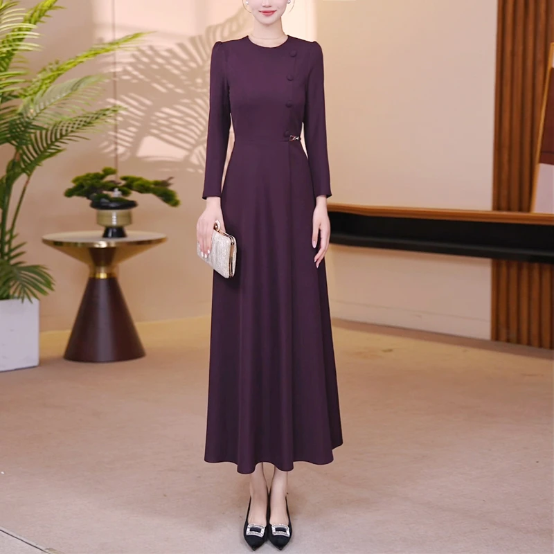 绛紫色大摆连衣裙2025秋季时尚修身收腰显瘦气质长裙25118-B