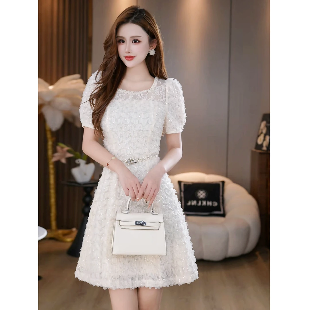 【流光之夜】法式重工钉珠方领收腰显瘦a字连衣裙B5552