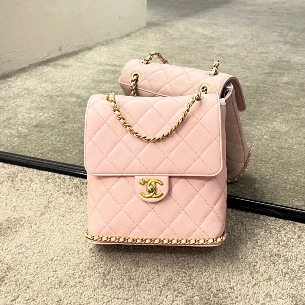 99新 Chanel/香奈儿 23K樱花粉金扣荔枝纹ado双肩包