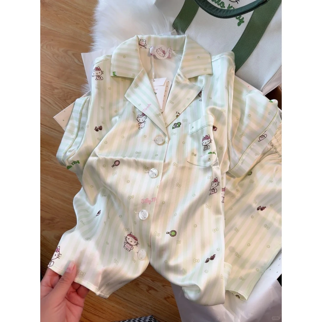 Kitty猫冰丝甜美可爱卡通条纹睡衣女装夏季新款宽松家居服套装