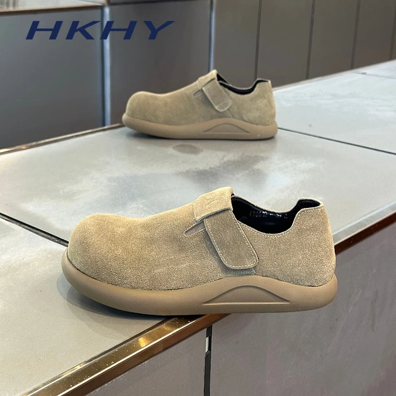 HKHY男鞋头层厚底大头鞋2025春秋季复古潮流百搭魔术贴勃肯鞋