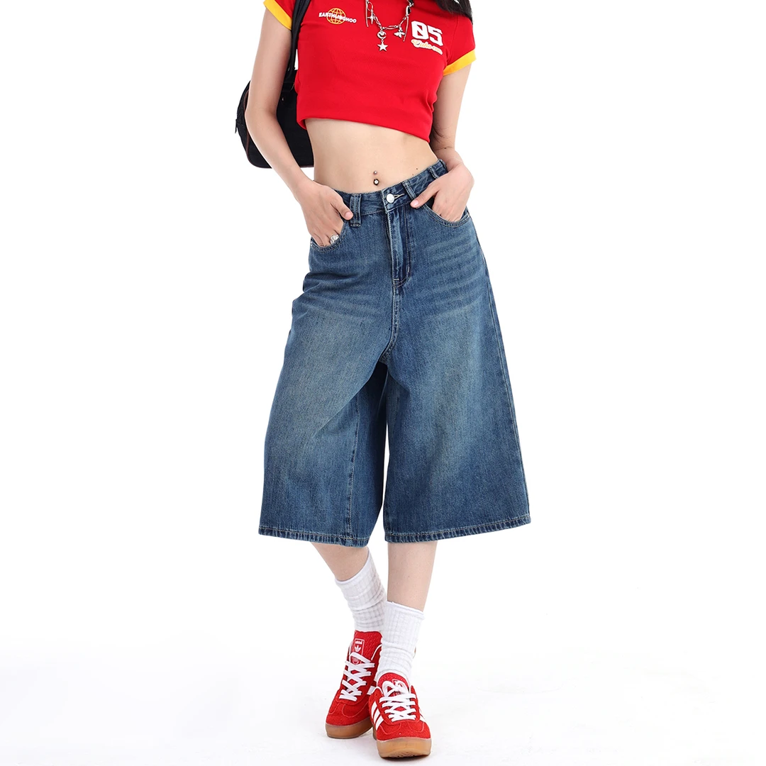 美式高街阔腿牛仔短裤女2025新款宽松直筒慵懒显瘦7分裤TZQ073001