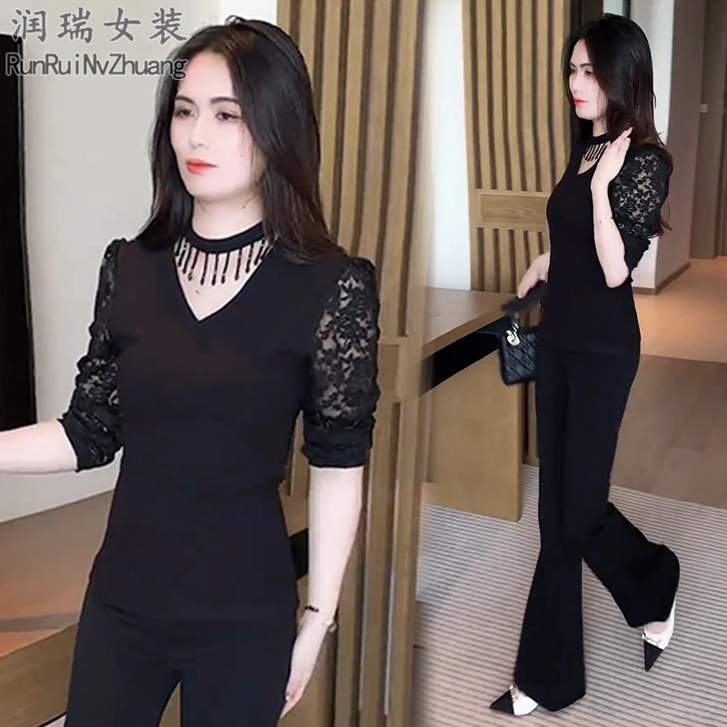 轻奢风时尚套装女2025秋季新款设计感蕾丝修身长袖微喇裤两件套潮