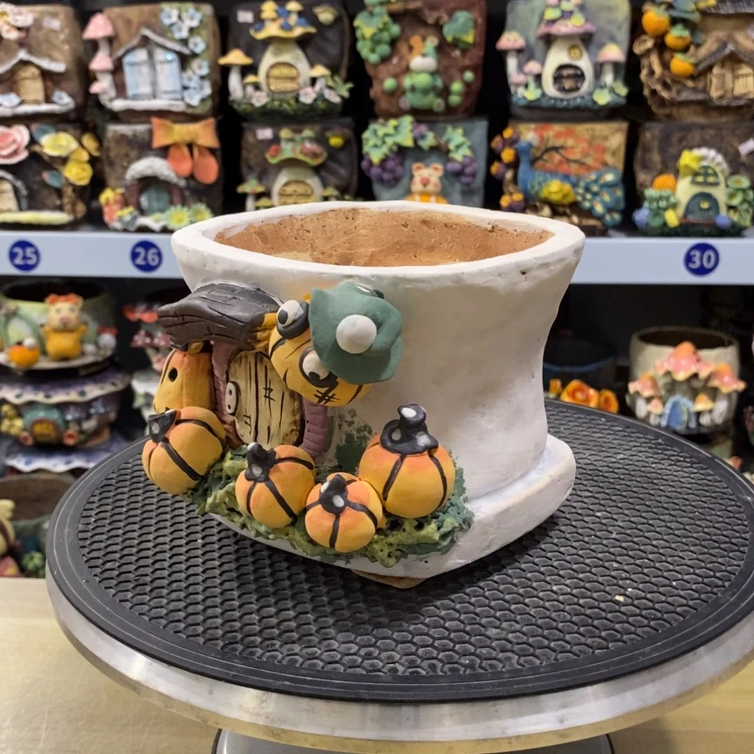 白狐粗陶手捏花盆