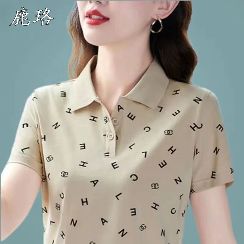 2025夏季新款洋气妈妈装t恤短袖女翻领polo领体桖衫大码时尚上衣