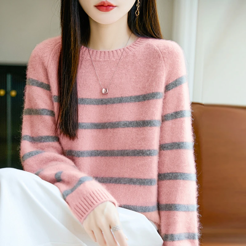 加厚~100%羊毛！条纹拼色设计 圆领宽松针织打底衫毛衣女内搭