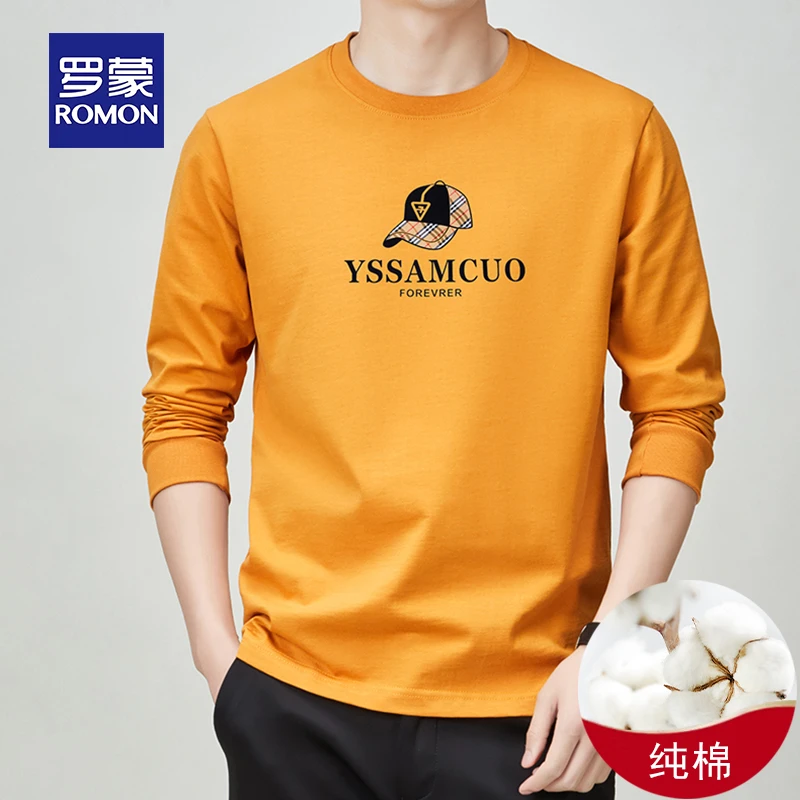 罗蒙100%纯棉男士卫衣春秋薄款2025新款韩版潮流时尚印花长袖t恤