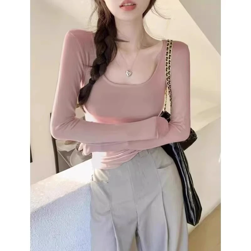粉色方领打底女2025新款春季辣妹纯欲风洋气修身内搭长袖T恤上衣