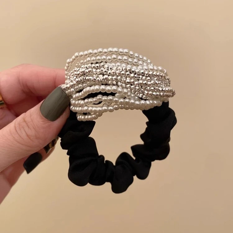 高品质黑色发圈气质优雅串珠头绳韩系高级感丸子头马尾皮筋头饰