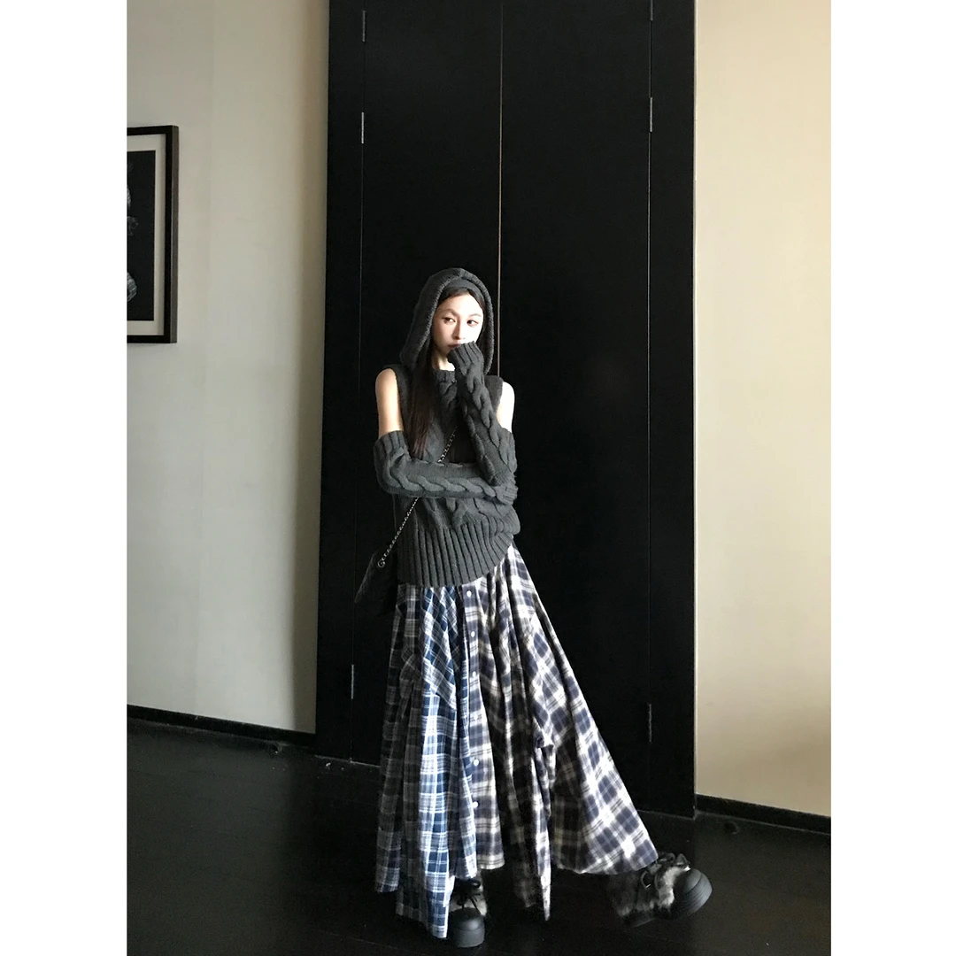 Skk Store jennie同款 复古格纹拼接小众设计不规则衬衫式半身裙