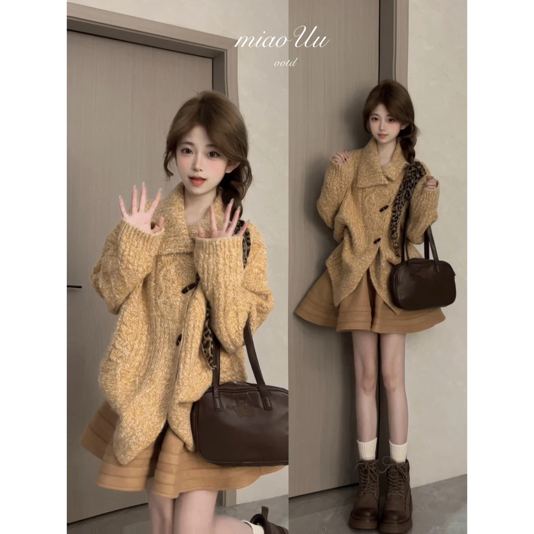 【现货】秋季穿搭女2026新款时尚百搭翻领开衫气质高腰短裙两件套装